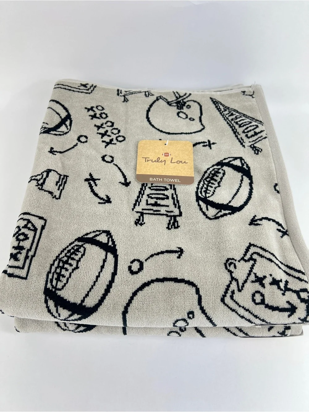 Truly Lou Bath Towels Fun Football Design Black Tan Soft Velour Cotton 6 Pc NEW